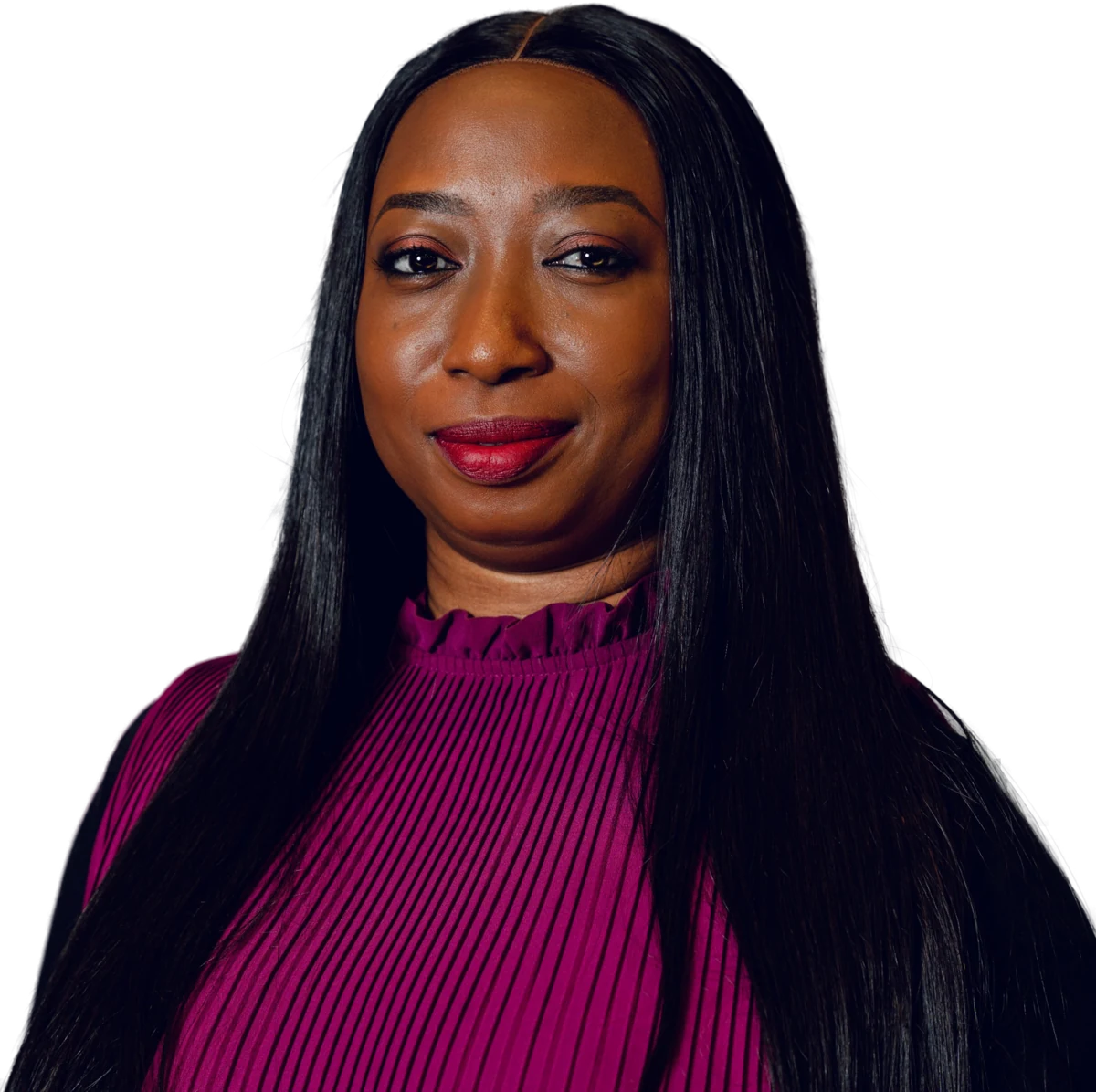 Kemi Sola-Popoola in a plum top, smiling softly